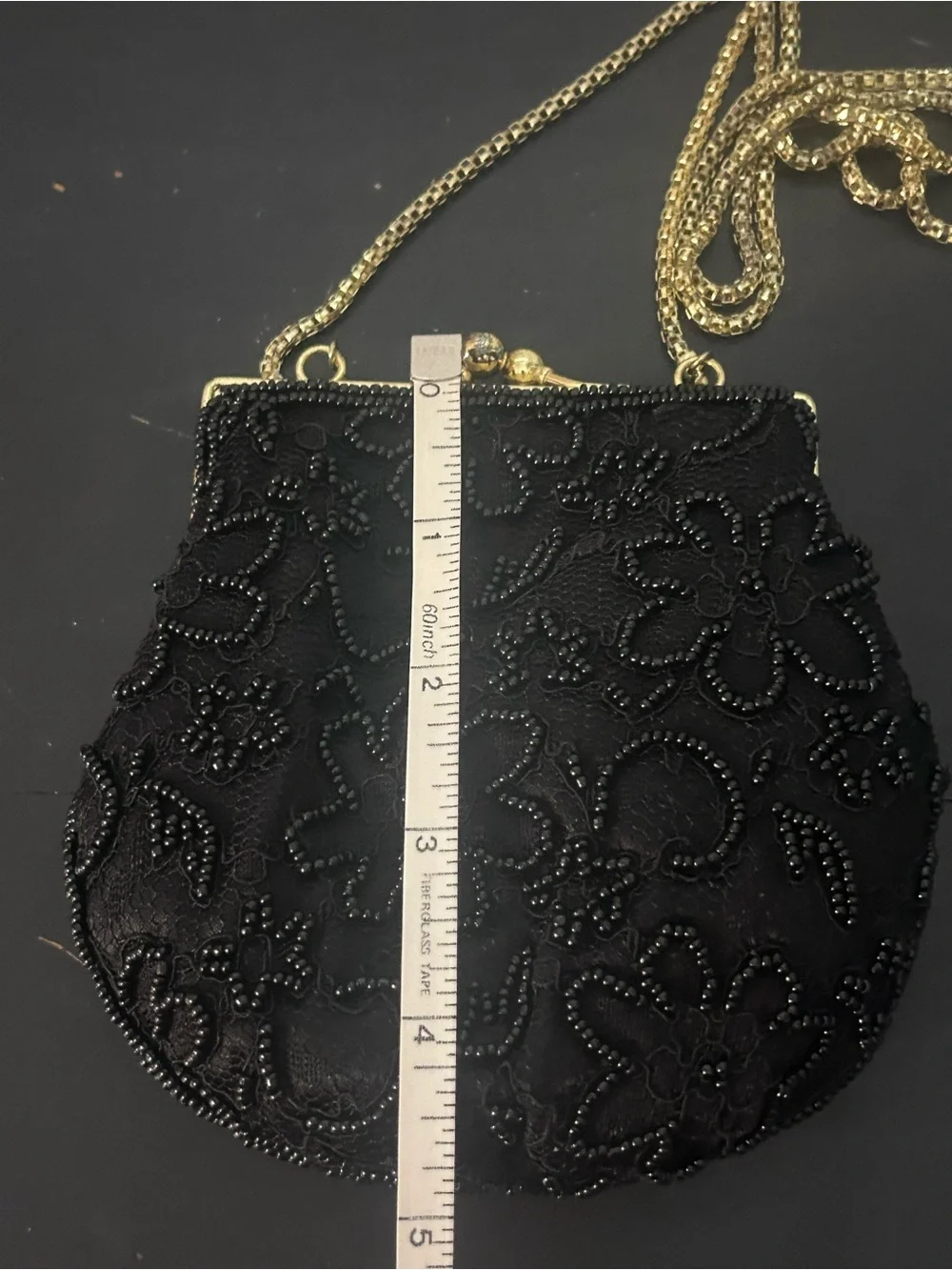 Vintage Regale Ltd Black Beaded Floral Evening Bag Kiss Lock Gold Chain Purse